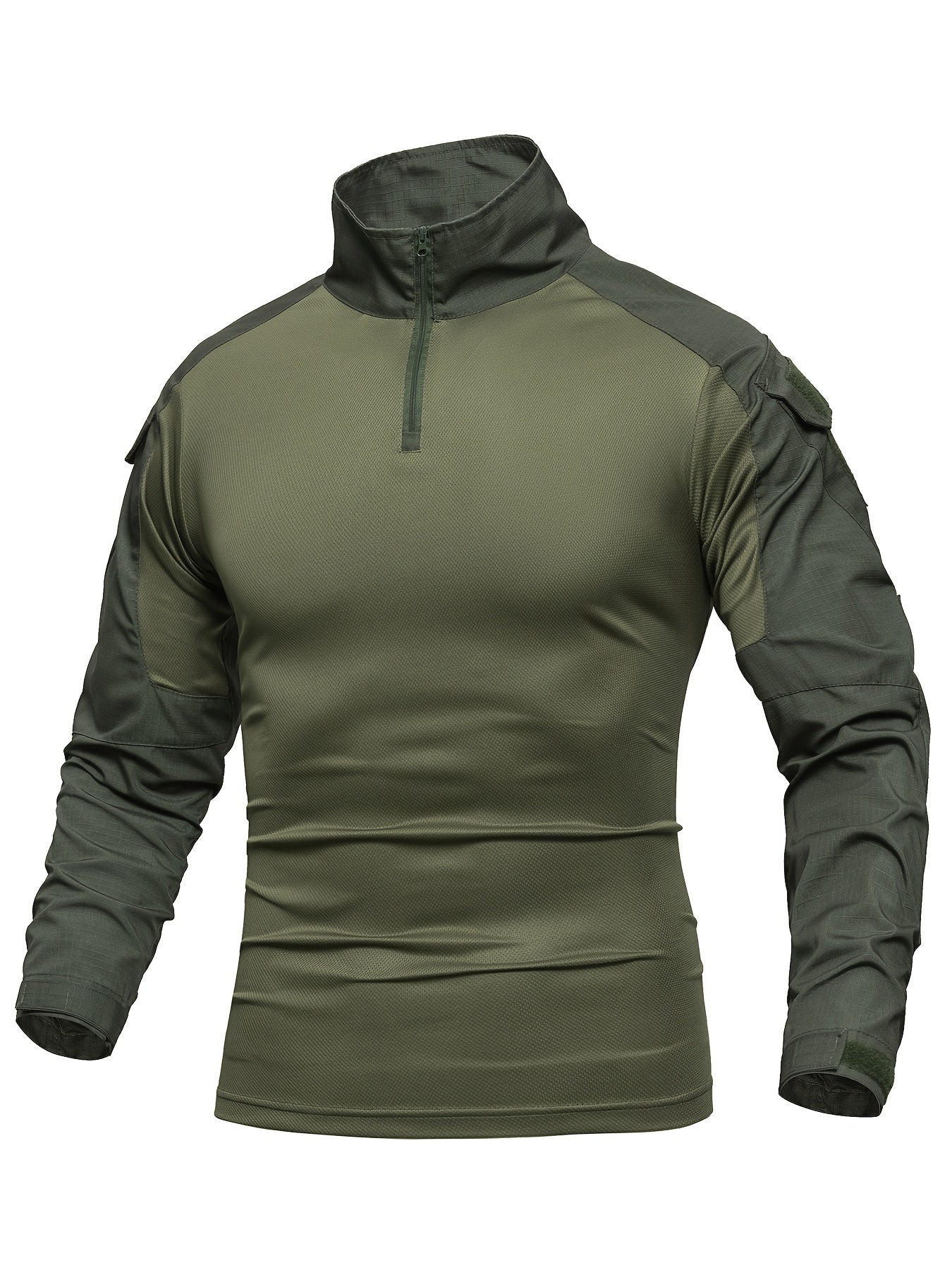 Men's Tactical Military Long Sleeve Zipper Shirt With Pockets, Fall Winter Outwear With Stand Collar