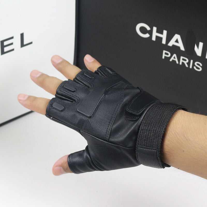 Men's spring and summer new cycling sports fitness sheepskin leather half finger gloves