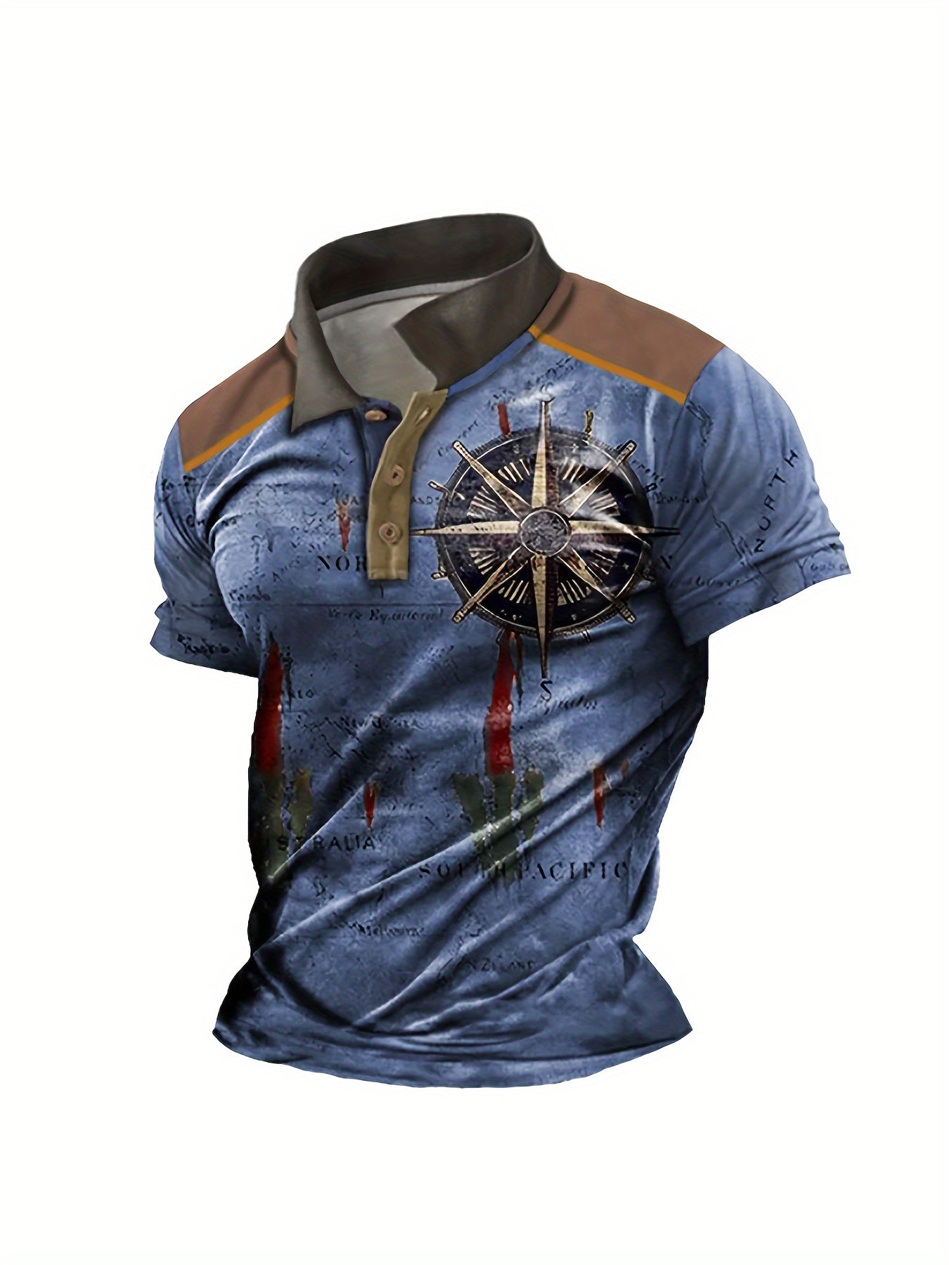 Stylish Plus Size Men's Vintage Golf Shirts with 3D Compass Print