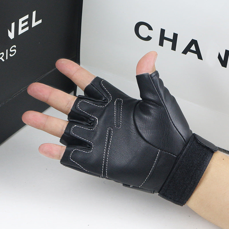 Men's spring and summer new cycling sports fitness sheepskin leather half finger gloves