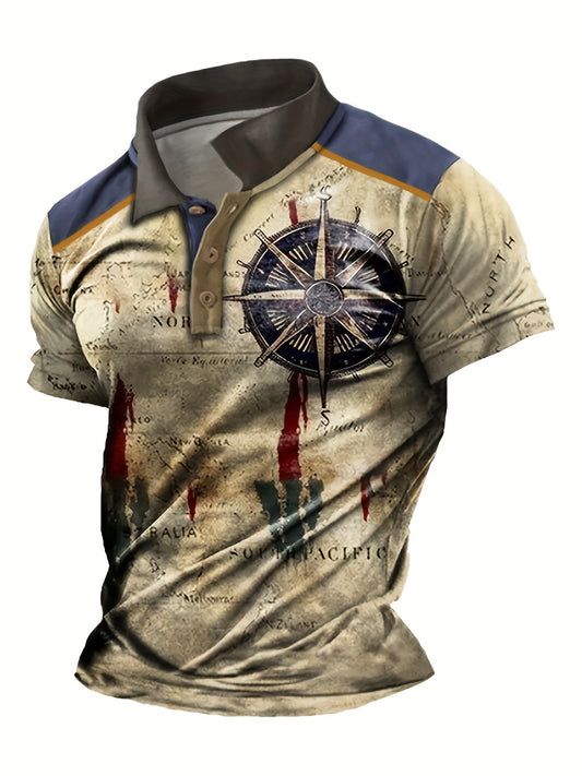 Stylish Plus Size Men's Vintage Golf Shirts with 3D Compass Print